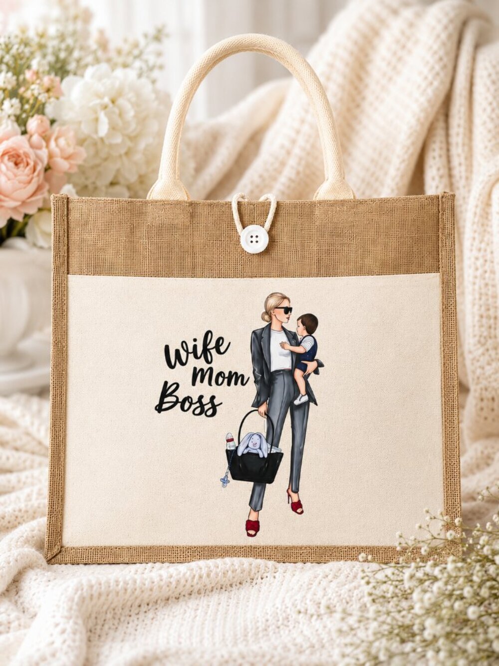 Wife Mom Boss Jute & Canvas Tote Bag | Motherhood Gift | Large Everyday Tote